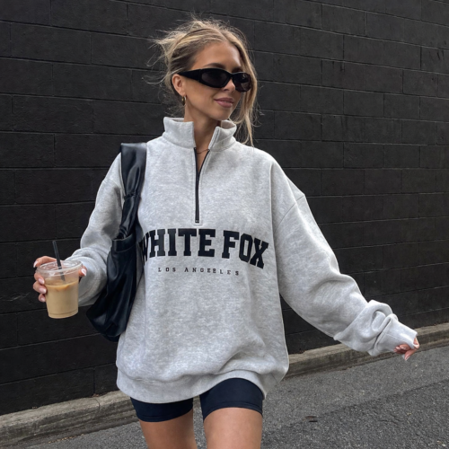 White Fox Zipper Stand up Collar Design Women's Sweatshirt photo review